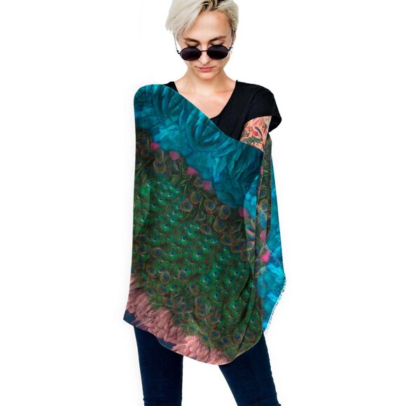 Peacock Feathers Parade Long Scarf Shawl Wrap - Picture 2 of 11